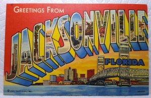 Greetings From Jacksonville Florida Large Big Letter Linen Postcard Curt Teich