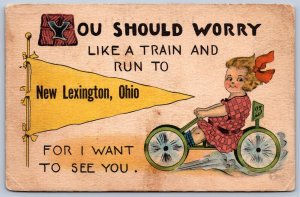 K29/ New Lexington Ohio Postcard c1910 Pennant Like A Train 439