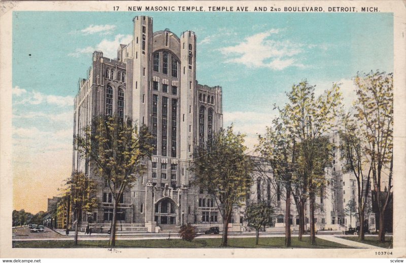 DETROIT, Michigan, PU-1929; New Masonic Temple, Temple Av., & 2nd Boulevard