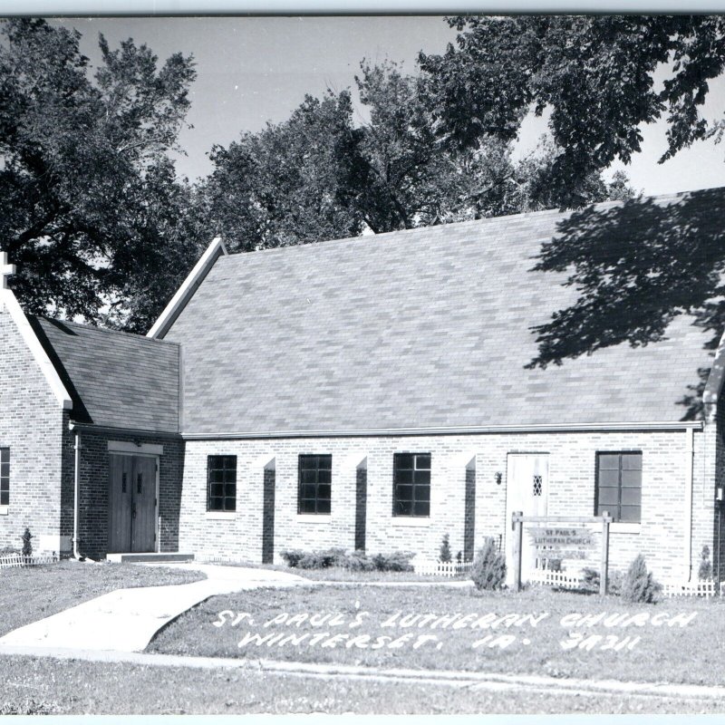 c1950s Winterset, IA RPPC St. Paul's Lutheran Church Brick Chapel Jesus PC A112