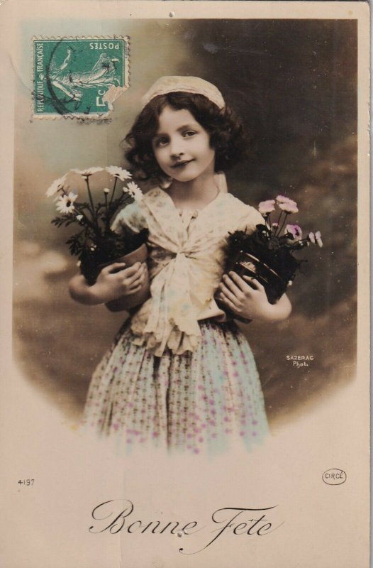 RP: BIRTHDAY, 1910-20s; Bonne Fete, Girl holding potted flowers