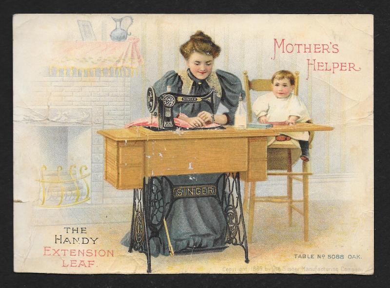 VICTORIAN TRADE CARDS Singer Cabinet-Table Sewing Machin Mothers Helper c1899