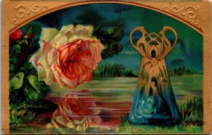 Art Nouveau Vase Gold Rose My Thoughts With You embossed Postcard 1911