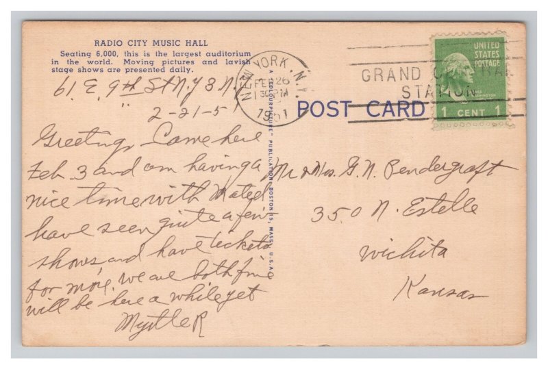 New York City New York Grand Foyer Of Radio City Music Hall Postcard c1951