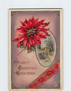 Postcard Hearty Christmas Greetings with Flowers Embossed Art Print