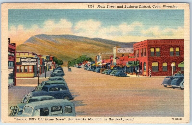 c1940s Cody, WY Main St Buffalo Bills Old Downtown Roadside Stores Shops PC A247