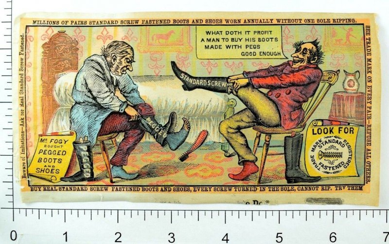 Comical Peg vs Screw Fasten J.T. Tuttle Standard Screw Shoes Trade Card *F 