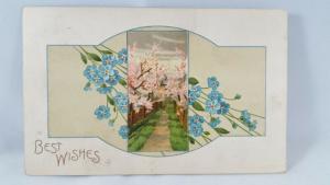 Best Wishes blue forget-me-nots with orchard scene - Indianapolis 1909