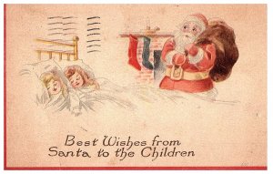 Santa w/ Sack of Toys Sleeping Children Fireplace & Stockings 1914