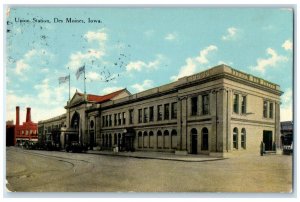 1910 Union Station Depot Cars Des Moines Iowa IA Posted Antique Postcard