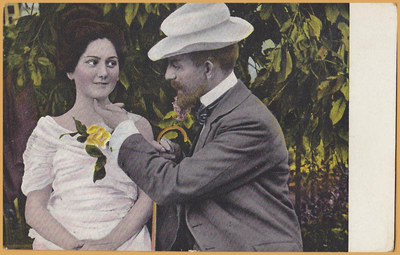 Vintage Romance-Old man tickling young lady's chin, Yellow Rose