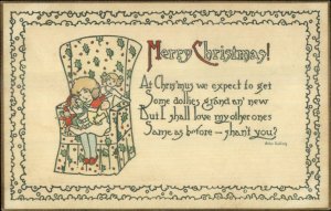 Christmas - Arts & Crafts Girl in Chair w/ Dolls c1910 Postcard - BOSTON LINE