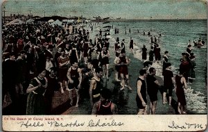 1907 CONEY ISLAND NEW YORK BEACH SCENE BATHING SUITS UNDIVIDED POSTCARD 14-125 