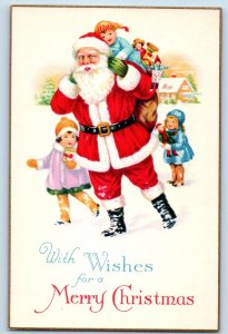 Christmas Postcard Santa Claus And Children Sack Of Toys Winter Scene c1910's