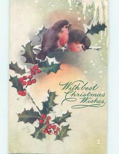 Pre-Linen christmas CUTE BIRD SITTING ON HOLLY BRANCH IN THE SNOW hr2790