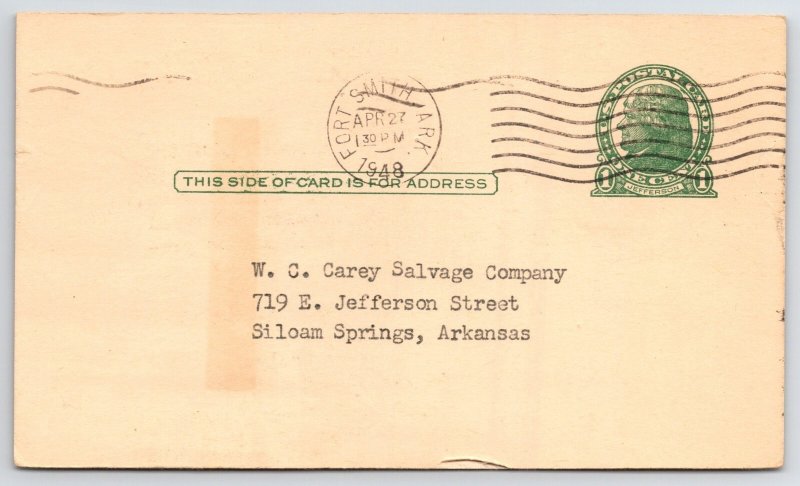Fort Smith ARKANSAS Waster~To W C Carey Salvage Co, Siloam Springs~1948 Postal