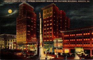 Georgia Augusta Broad Street At Night Showing Monument Marion and Southern Bu...