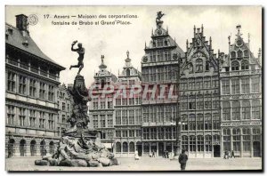 Old Postcard Antwerp Houses Corporate Brabo Fountain and Grand Place