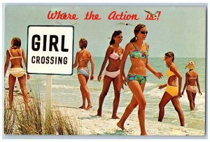 Honolulu Hawaii HI Postcard Girl Crossing Swimsuit Where The Actions Is 1977