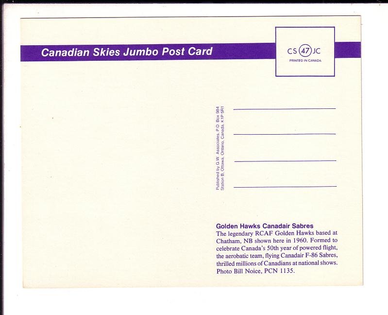 RCAF Golden Hawks Airplanes, Canadian Skies Jumbo Postcard 5.5 X 7 inches Canada