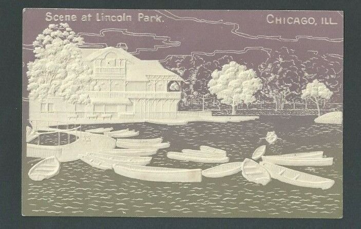Ca 1904 Post Card Chicago IL Lincoln Park Scene Purple Green & White Airbrushed-