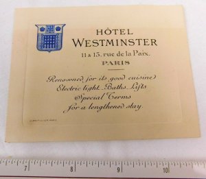 1880's-90's Hotel Westminster 11 & 13 Rue de la Paix, Paris Trade Card F48