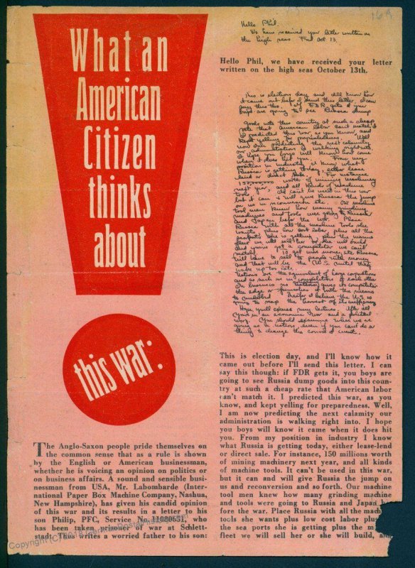 3rd Reich Germany V1 Propaganda Leaflet POW Letters What An American Citiz 91594