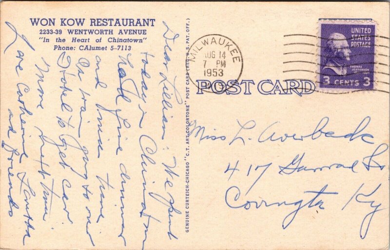 Linen Postcard Won Kow Restaurant in Chicago, Illinois~756 