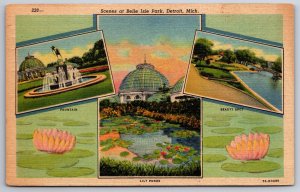 Detroit Michigan~Scenes @ Belle Isle Park~Fountain~Postmarked~Vtg Linen Postcard