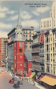 Boston Massachusetts 1940s Postcard Old South Meeting House Cars Stores