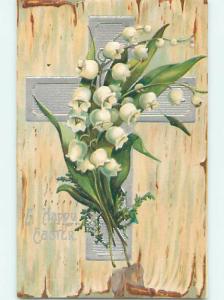 Pre-Linen easter religious LILY OF THE VALLEY FLOWERS ON JESUS CROSS hr2381