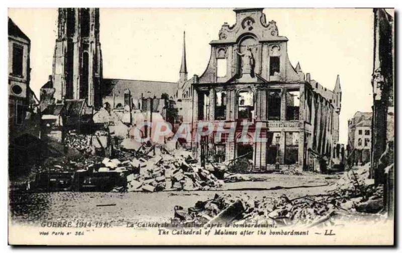 Old Postcard Militaria The Cathedral of Mechelen after the bombing