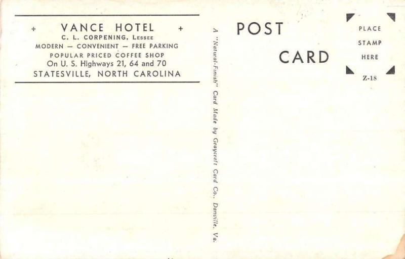 Statesville North Carolina Vance Hotel Street View Antique Postcard K94066