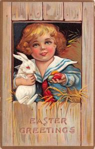 Easter Greetings Sailor Child With Bunny Eggs In Coop Antique Postcard K24780