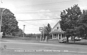 Albion ME Robbies Bargain Mart Esso Gas Station Old Car RPPC Postcard