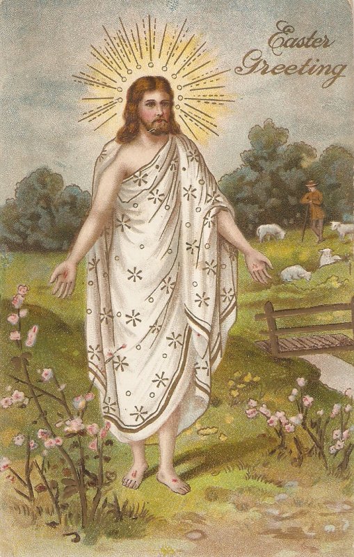 Jesus risen. Blessing the fields Nice vintage A,merican relñigious postcard