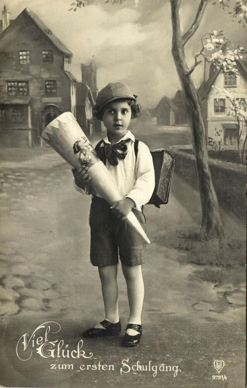 First Schoolday, Young Girl with School Cone (1927) RPPC Postcard