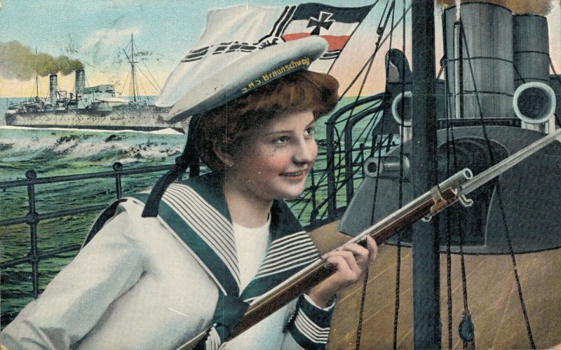 Germany S.M.S. Deutschland Sailor Boy With A Gun Vintage Postcard 06.51