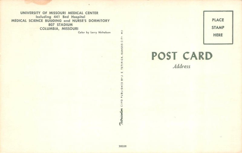 MO Columbia UNIVERSITY OF MISSOURI MEDICAL CENTER Nurses Dorms~50s Cars Postcard