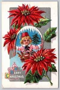 Greetings~Boy With Toys & Poinsettia Christmas~BB London Vintage Postcard