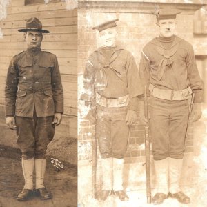 x2 LOT c1910s Sailors & Marine RPPC US Naval Training Station Hat Guns USMC A167