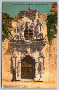 San Antonio Texas~Doorway of San Jose Mission~Vintage Linen Postcard