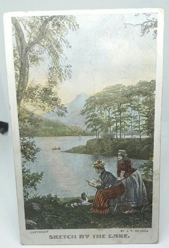 Sketch by the Lake Vintage Art Painting PostCard J P de Vega 1905