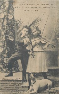 Children couple musical violin duo & dog pet 1904 music related postcard 