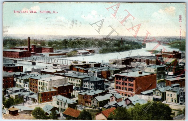 c1910s Aurora, IL Birds Eye Downtown Main St Litho Photo EC Kropp PC ILL A157