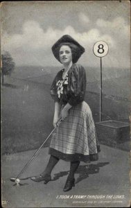 Golfing Misogyny Wordplay Beautiful Woman Tramp Through Links Vintage Postcard