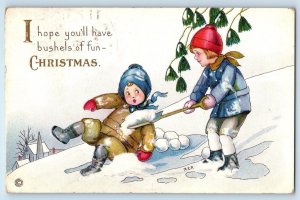 1916 Christmas Children Playing Snowball Winter Embossed Piketon OH Postcard