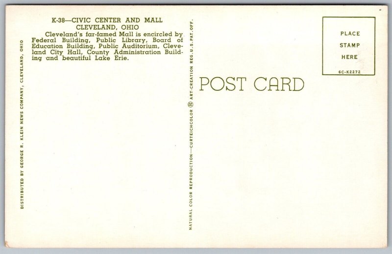 Vtg Cleveland Ohio OH Civic Center & Mall City 1950s Aerial View Postcard