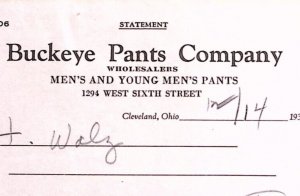 1939 BUCKEYE PANTS COMPANY CLEVELAND OHIO YOUNG MENS PANTS BILLHEAD INVOICE Z375