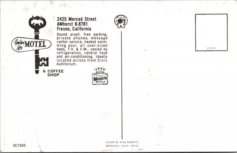 c1950's Golden Key Motel Night View Fresno California CA Vintage Postcard J19